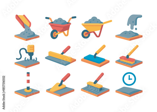 Concrete Icon Set. Concrete placement. Colorful flat vector icons set of concrete placement: concrete chute, wheelbarrow, pour section, vibrating tool,
