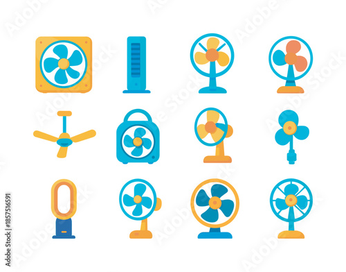 Colorful Fan Icons. Electric fans. Colorful flat vector icons set of electric fans: box fan, tower fan, pedestal fan, table fan, ceiling fan, camper fan,