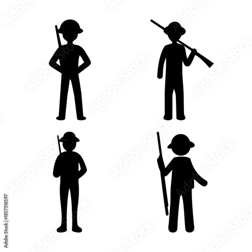 Four simple black silhouette icons of soldiers with rifles in various poses, ready for duty