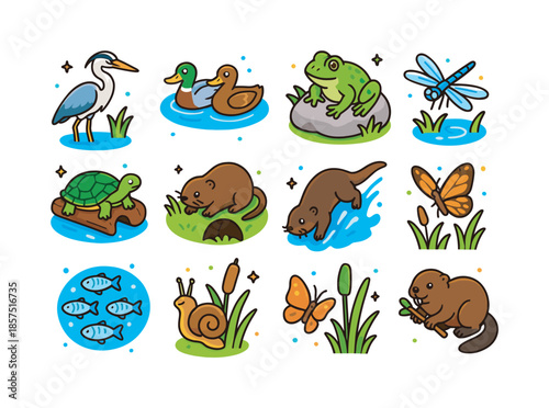 Wetland Wildlife Icons. Wetland wildlife. Colorful isometric vector icons set of Wetland wildlife: wading heron, swimming duck pair, marsh frog on rock,