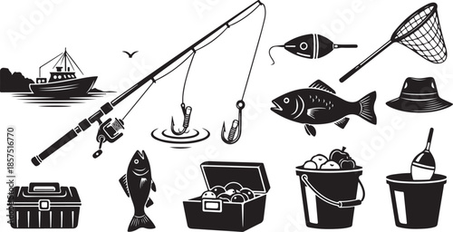 Collection of black and white vector icons representing various fishing equipment items