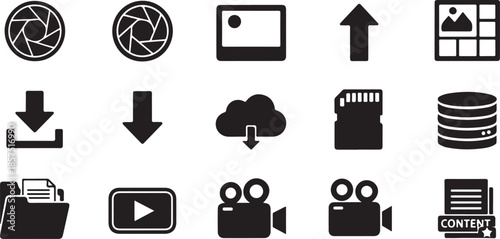 Collection of essential black and white media storage and transfer icon set