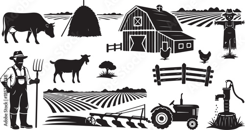 Collection of black and white icons representing essential farm life elements