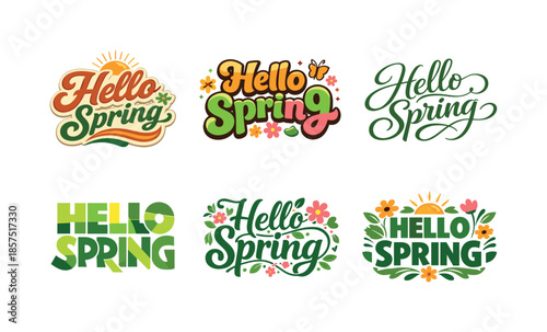 Spring Lettering Variations. Hello Spring Quote. Set lettering. harmonious lettering variations of the same emblematic concept, each with different artistic