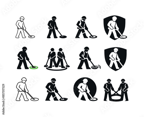 Sapper Logo Variations. Sapper. Icon set. Set Logo of sapper: mine detector. harmonious logo variations: Minimal outline, Filled silhouette, Abstract