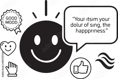 Happy emoji icon surrounded by positive feedback and good mood stickers