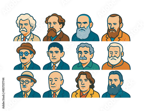 Iconic Author Portraits. Iconic authors. Colorful flat vector icons set of Iconic authors: Mark Twain portrait, Charles Dickens portrait, Leo Tolstoy portrait,