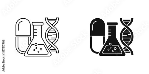 Black and white science with lab equipment and D N A strands