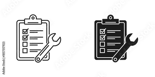 Clipboard with checklist and wrench in black and white