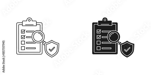 Clipboard checklist with magnifying glass and shield in white and black