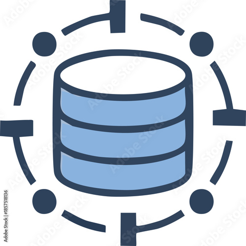 Vector icon depicting a core database system surrounded by connection points, symbolizing networked data storage, information processing, and distributed digital infrastructure