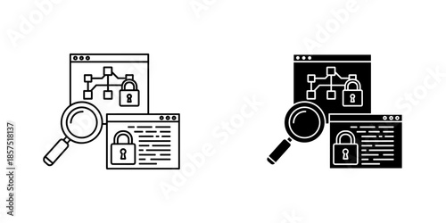 Two magnifying glasses examining locked computer screens with code and diagrams