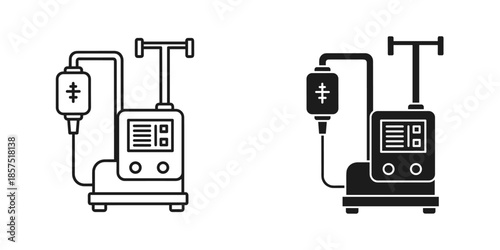 Two Medical Infusion Pumps with I V Bags Connected in Black and White Line