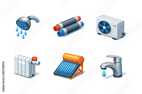 Water Heat Saving Icons. Water and heat saving. Isometric flat vector icons set of water and heat saving: low flow shower head, insulated water pipes, heat