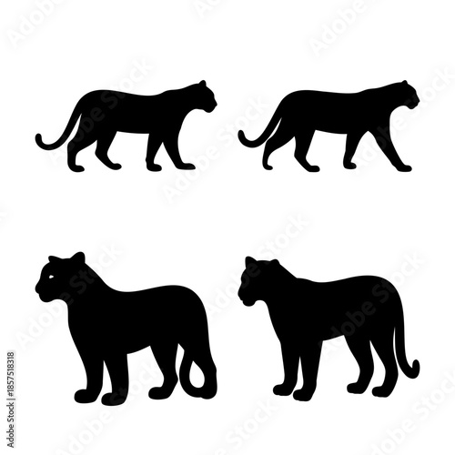 Silhouettes of majestic black panthers in various poses on a white background