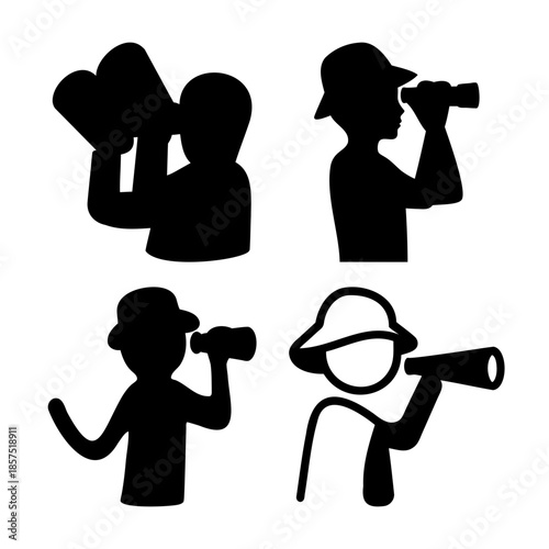 Various black silhouettes of people looking through optical devices like binoculars and telescopes