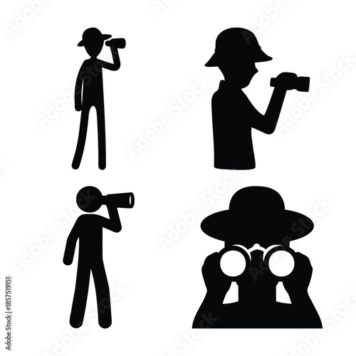 Silhouettes of individuals observing with various optical devices like binoculars and monoculars