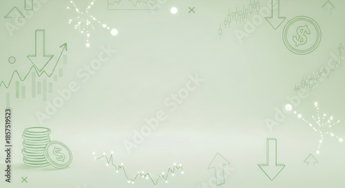 Financial market fluctuations are depicted with upward and downward trend graphs.