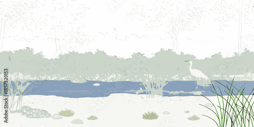 A serene landscape depicting a white heron near a blue riverbank