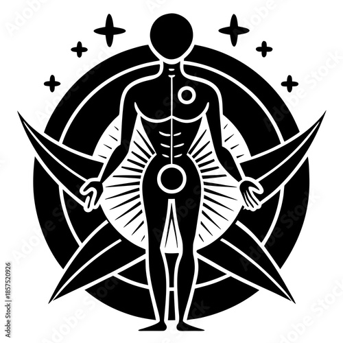 Human silhouette with wings and celestial symbols