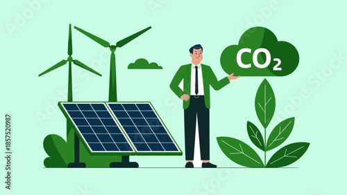 businessman with wind turbines and solar panels promoting carbon capture