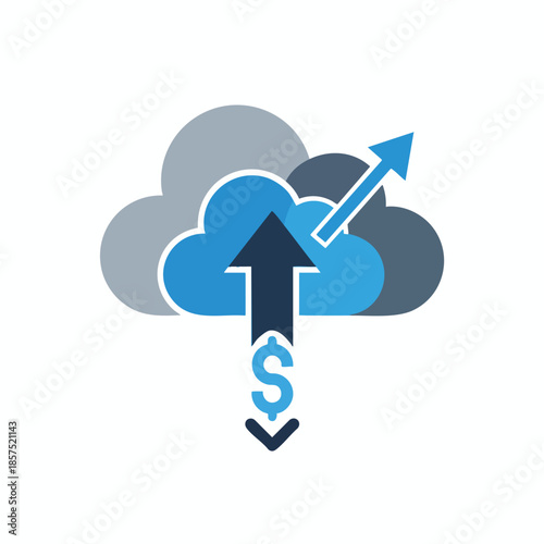An abstract depiction of cloud computing with arrows, clouds, and a dollar sign