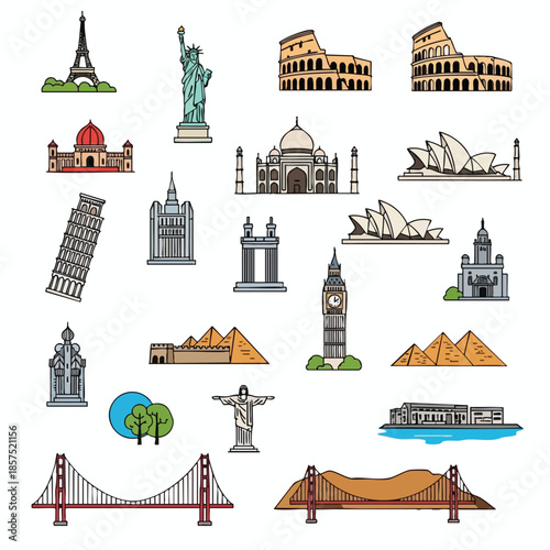 Collection of iconic landmarks in a colorful, simplified, and outlined illustration