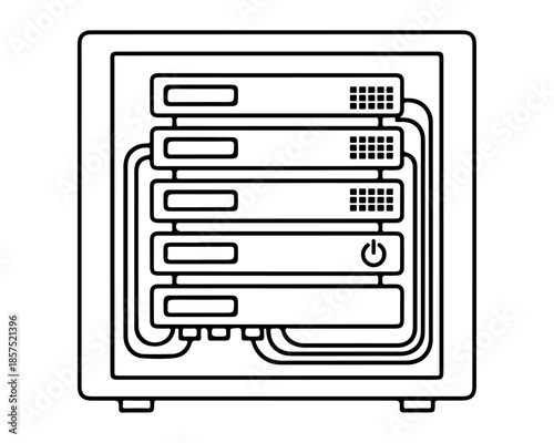 Simplified illustration of a server rack with multiple layers and connectivity ports