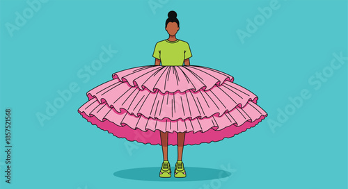 Woman wearing a huge pink ruffled skirt and green sneakers. Creative fashion vector illustration. Trendy flat design character on blue background.