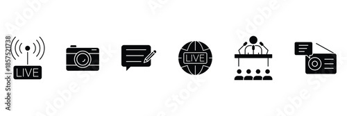 Mass Media Solid Icons. Set of  solid icons including news, television, radio, microphone, press, journalism, and broadcasting.