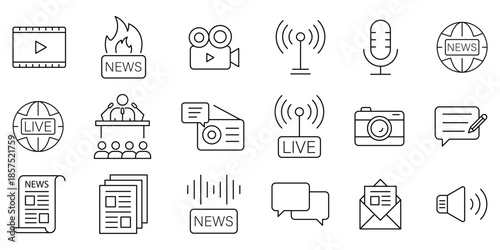 Mass Media Line Icon Set. Set of 18 outline icons including news, television, radio, microphone, press, journalism, and broadcasting. Editable stroke. Vector illustration.