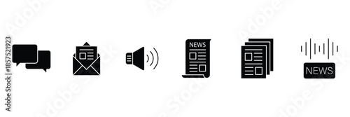 Mass Media Solid Icons. Set of  solid icons including news, television, radio, microphone, press, journalism, and broadcasting.