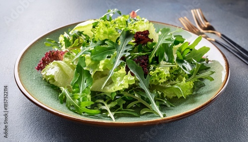 plate of fresh mixed greens salad with arugula and lettuce