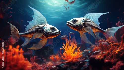 two ghostly fish skeletons swimming through a dark fiery representation of a dead coral reef