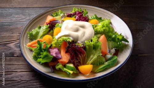 colorful tossed salad on plate topped with generous dollop of creamy dressing