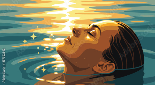 Serene woman floating in water with golden sunset reflections. Portrait of female relaxing in sea with eyes closed. Vector illustration.