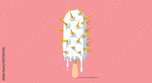Surreal white popsicle with sharp golden spikes. Melting ice cream on stick with thorns vector illustration on pink background.