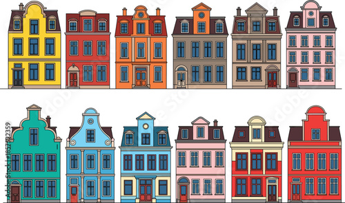 Colorful stylized building facade vector set, urban architecture illustration, whimsical city design, cad drawing flat vector illustration
