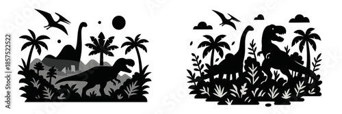 Vector illustration of dinosaurs in a lush prehistoric landscape