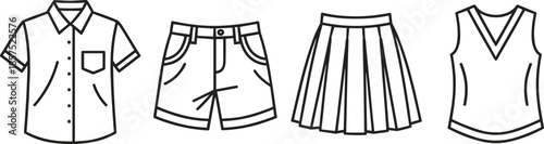 Minimal clothing outline icons set, shirt shorts skirt vest apparel illustration, simple fashion line vector design for web print branding