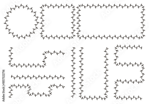 Marcos creativos y bordes lineales formados por siluetas de aviones negros sobre un fondo blanco