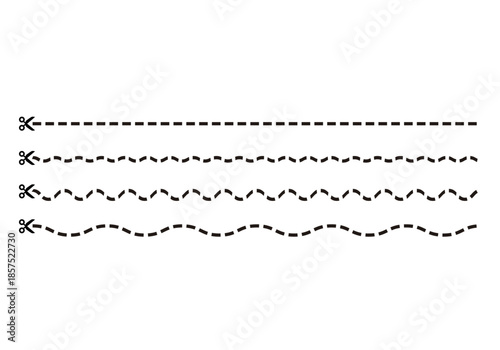 Conjunto de líneas de corte punteadas y onduladas con iconos de tijeras negras sobre fondo blanco