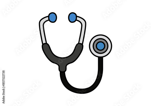 Estetoscopio médico moderno con detalles en azul y gris sobre fondo blanco