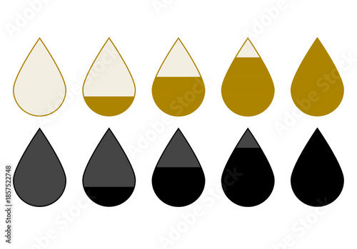 Conjunto de iconos de gotas con diferentes niveles de llenado para indicadores de capacidad