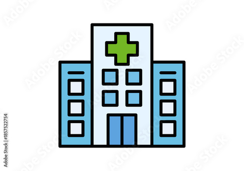 Icono lineal a color de edificio de hospital o clínica médica con cruz verde