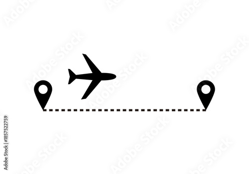 Icono de ruta de vuelo con avión negro y punteros de ubicación sobre fondo blanco