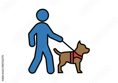 Persona con discapacidad visual caminando con un perro guía marrón sobre fondo blanco