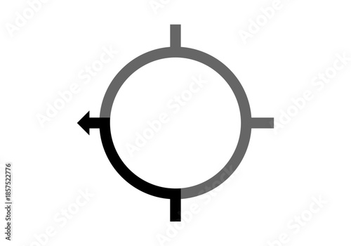 Icono de diagrama circular de rotonda con flecha de dirección negra sobre fondo blanco