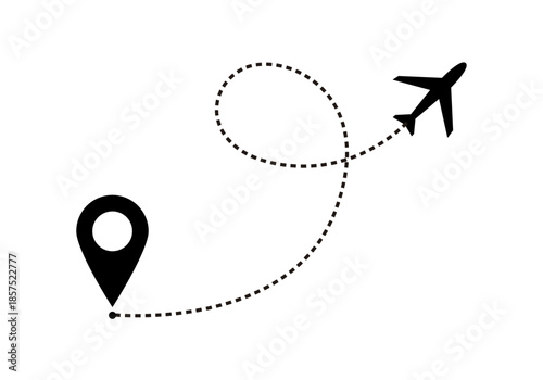 Trayectoria de vuelo de avión con línea punteada en bucle y marcador de ubicación sobre fondo blanco