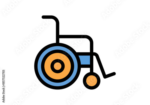 Silla de ruedas manual de estilo médico con ruedas de color azul y naranja sobre un fondo blanco limpio